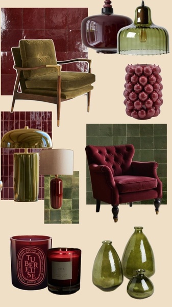 home decor, interior decor, living room decor, decorative accessories, home styling, accent furniture, new arrival, brand awareness, editorial, flat lay, luxurious, warm, red, green, neutral